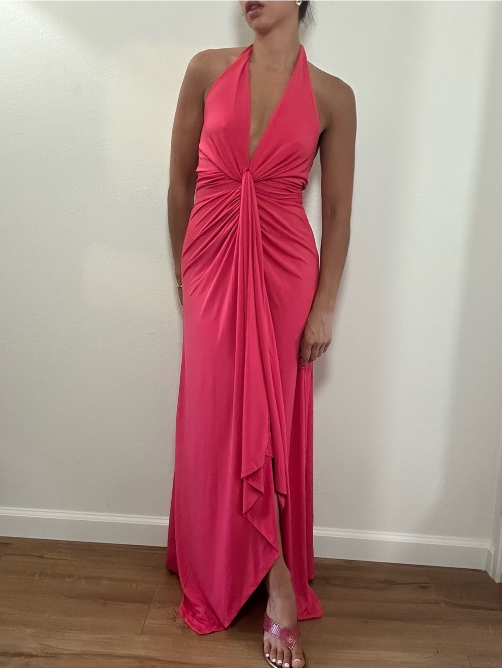 Venus Halter Maxi Dress Hot Pink Plunge Neck Evening Party Dress Size S